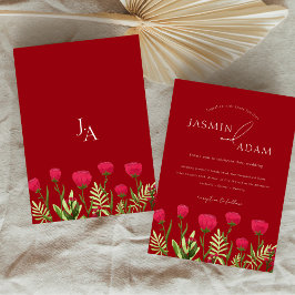 Elegante scharlakenrode wilde bloem monogram bruil kaart