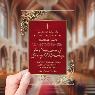 Elegante scharlakenrood en goud versierd katholiek acryl uitnodigingen