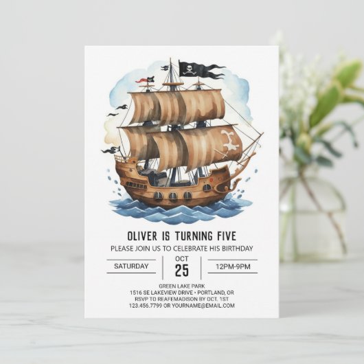 Elegante Schatkaart Boot Piraat Verjaardag Kaart (Staand voorkant)