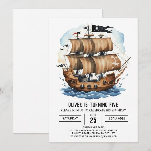 Elegante Schatkaart Boot Piraat Verjaardag Kaart (Voorkant / Achterkant)