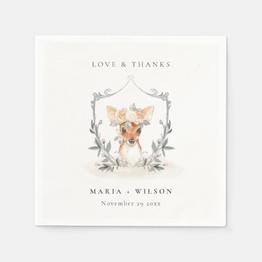 Elegante Schattige Hert Bloem Crest Trouw Servet (Voorkant)