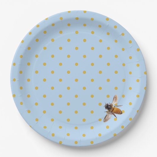 Elegante schattige honingbij en blauw gouden polka papieren bordje (Voorkant)