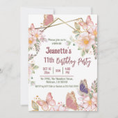 Elegante schattige roze bloemenvlinder 11e verjaar kaart (Voorkant)