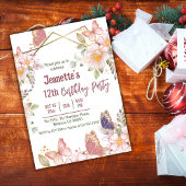 Elegante schattige roze bloemenvlinder 12e verjaar kaart