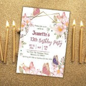 Elegante schattige roze bloemenvlinder 13e verjaar kaart