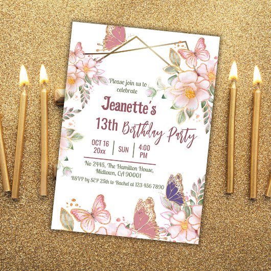 Elegante schattige roze bloemenvlinder 13e verjaar kaart