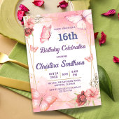 Elegante schattige roze bloemenvlinder 16e verjaar kaart