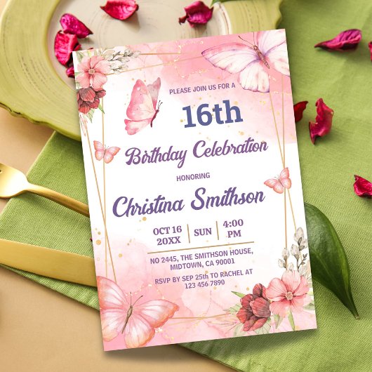 Elegante schattige roze bloemenvlinder 16e verjaar kaart