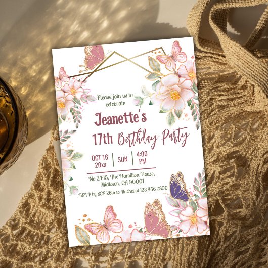 Elegante schattige roze bloemenvlinder 17e verjaar kaart
