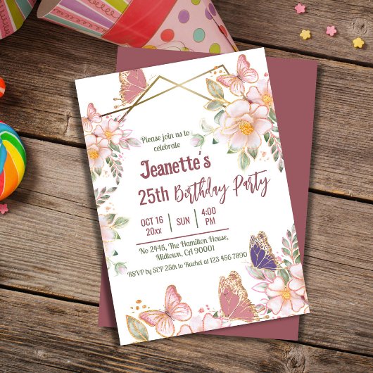 Elegante schattige roze bloemenvlinder 25e verjaar kaart