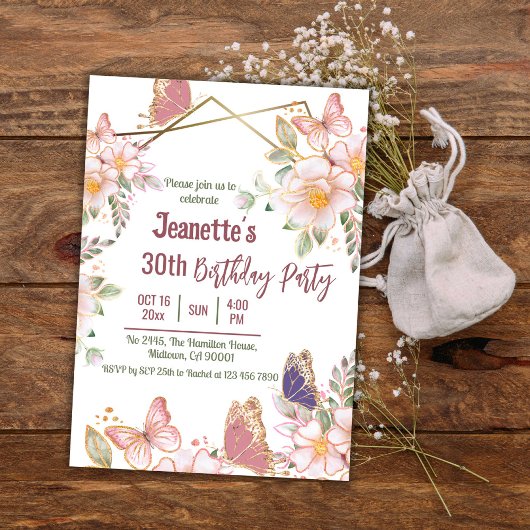 Elegante schattige roze bloemenvlinder 30e verjaar kaart