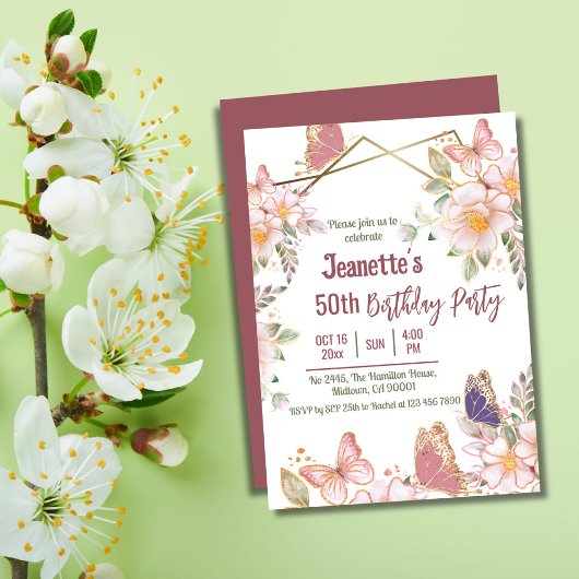 Elegante schattige roze bloemenvlinder 50e verjaar kaart