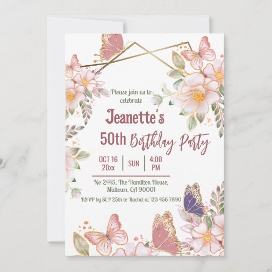 Elegante schattige roze bloemenvlinder 50e verjaar kaart (Voorkant)