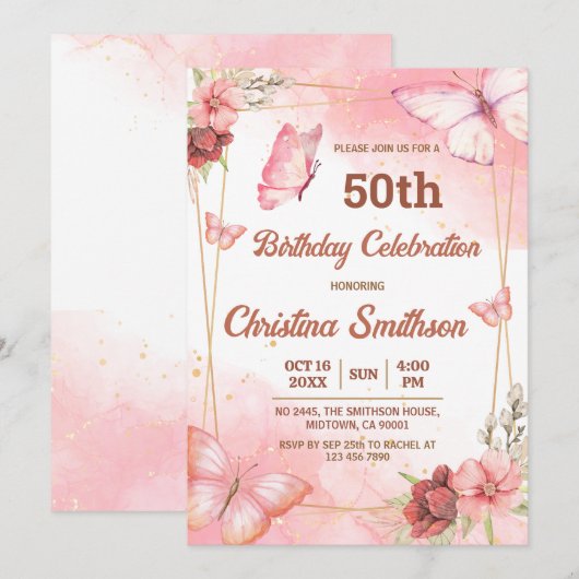 Elegante schattige roze bloemenvlinder 50e verjaar kaart (Voorkant / Achterkant)