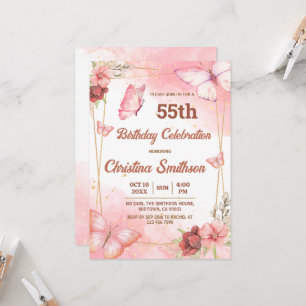 Elegante schattige roze bloemenvlinder 55e verjaar kaart
