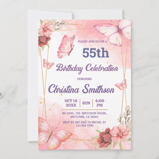 Elegante schattige roze bloemenvlinder 55e verjaar kaart (Voorkant)