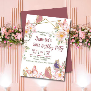 Elegante schattige roze bloemenvlinder 55e verjaar kaart