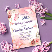 Elegante schattige roze bloemenvlinder 55e verjaar kaart