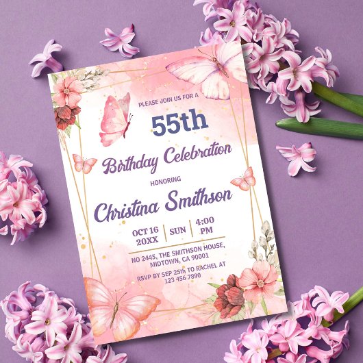 Elegante schattige roze bloemenvlinder 55e verjaar kaart