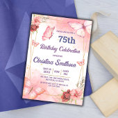 Elegante schattige roze bloemenvlinder 75e verjaar kaart