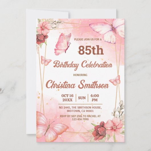 Elegante schattige roze bloemenvlinder 85e verjaar kaart (Voorkant)