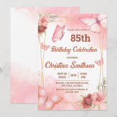Elegante schattige roze bloemenvlinder 85e verjaar kaart (Voorkant / Achterkant)