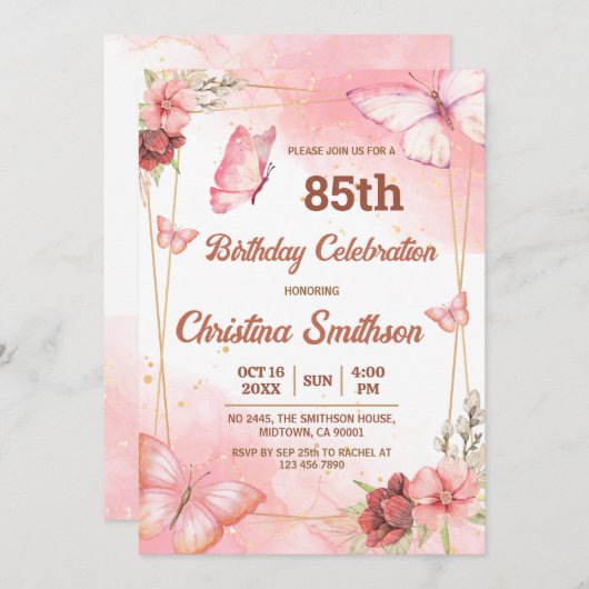 Elegante schattige roze bloemenvlinder 85e verjaar kaart (Voorkant / Achterkant)