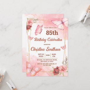 Elegante schattige roze bloemenvlinder 85e verjaar kaart