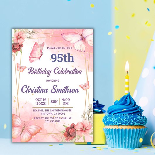 Elegante schattige roze bloemenvlinder 95e verjaar kaart