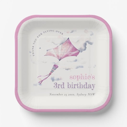 Elegante schattige roze vliegende vlieger sky wolk papieren bordje (Voorkant)