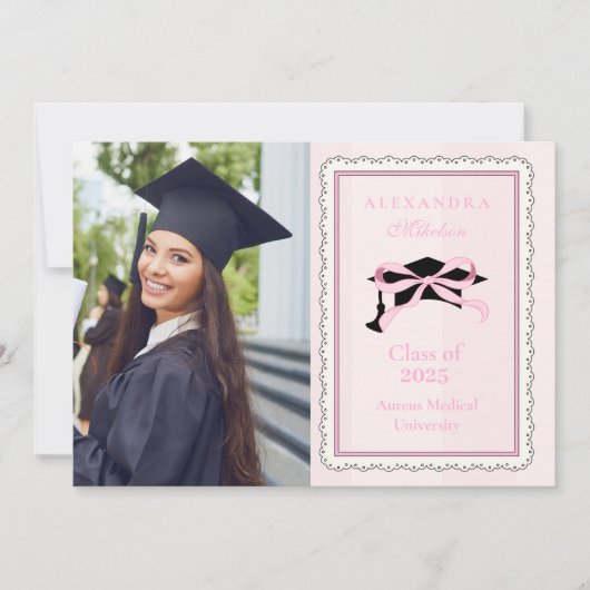 Elegante Schattigee Foto Roze Coquette Bow Afstude Aankondiging (Voorkant)