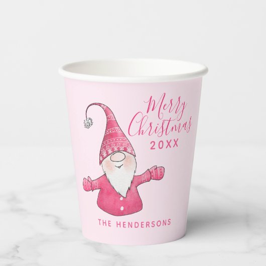 Elegante Schattigee Gnome Roze Vrolijk Kerstfeest Papieren Bekers (Achterkant)