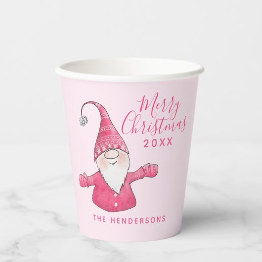 Elegante Schattigee Gnome Roze Vrolijk Kerstfeest Papieren Bekers (Voorkant)