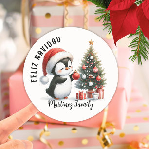 Elegante Schattigee pinguïn Spaans Feliz Navidad Ronde Sticker