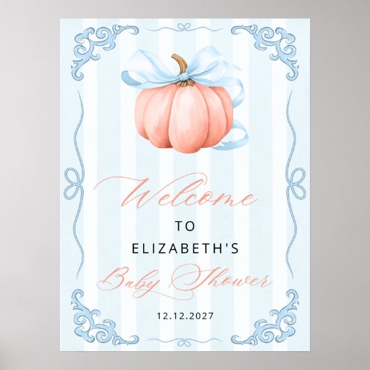 Elegante Schattigee pompoen Blue Bow Baby shower Poster (Voorkant)