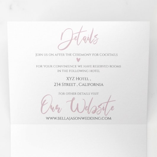 Elegante Schattigee Roze Pastel Kleur Foto Huwelij Drieluik Uitnodiging (Binnenzijde eerst)