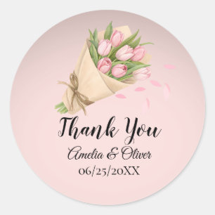 Elegante Schattigee Roze Tulpen Boeket bruiloft Ronde Sticker
