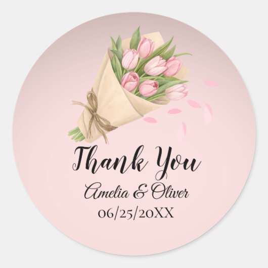Elegante Schattigee Roze Tulpen Boeket bruiloft Ronde Sticker (Voorkant)