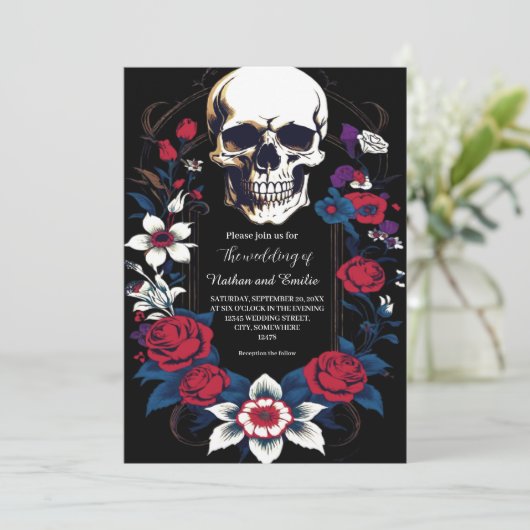 Elegante Schedel gotische bruiloft uitnodiging (Staand voorkant)