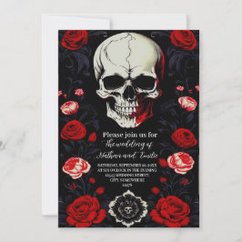 Elegante Schedel gotische rode bloemen bruiloft ui Kaart