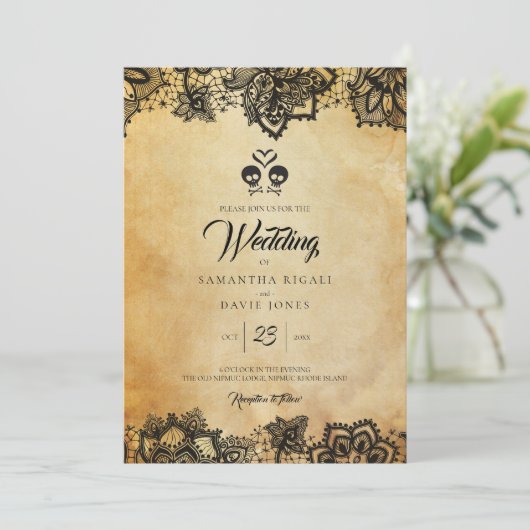 Elegante schedel Halloween bruiloft uitnodiging (Staand voorkant)