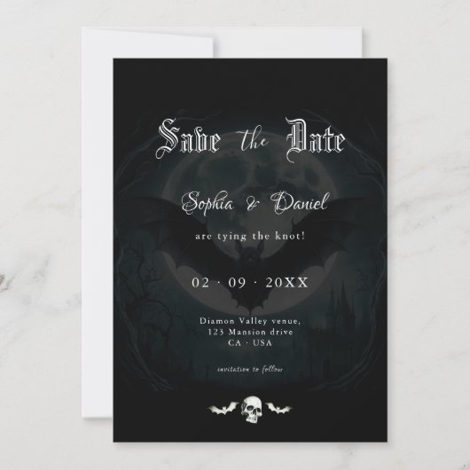 Elegante schedel vleermuizen maanlicht bruiloft go save the date (Voorkant)