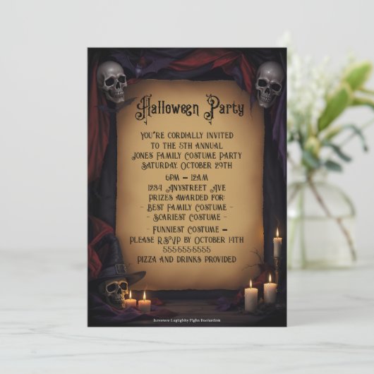 Elegante schedels en kaarsen Halloween Party Kaart (Staand voorkant)