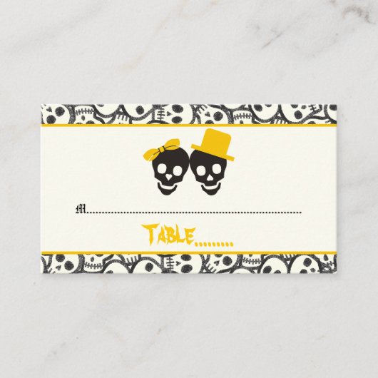Elegante schedels Halloween gele bruiloft plaats k Plaatskaartje (Voorkant)