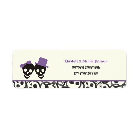 Elegante schedels Halloween paarse bruiloft label (Voorkant)