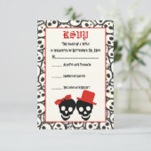 Elegante schedels Halloween rode zwarte bruiloft R RSVP Kaartje (Staand voorkant)