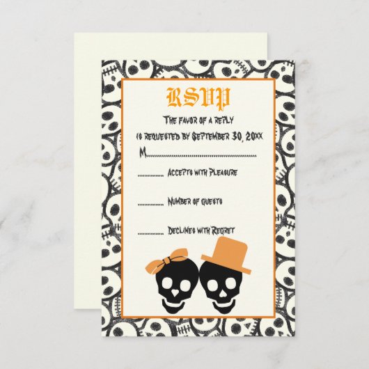 Elegante schedels Halloween sinaasappel bruiloft R RSVP Kaartje (Voorkant / Achterkant)