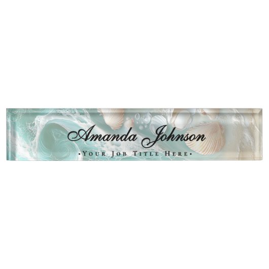 Elegante Schelpen Strand Script Naambordje (Voorkant)