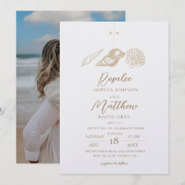 Elegante schelpen Witte & Gouden Kustbruiloft Kaart