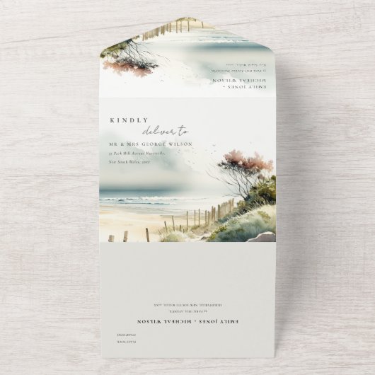 Elegante Schemerige Kust Zand Strand Zeelandschap All In One Uitnodiging (Buitenkant)